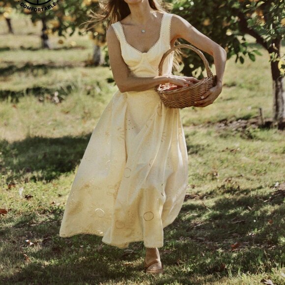 MODA ME COUTURE Dresses & Skirts - Light Yellow Elegant Women's Sweetheart Neck Drop-waist Sleeveless Midi Dress